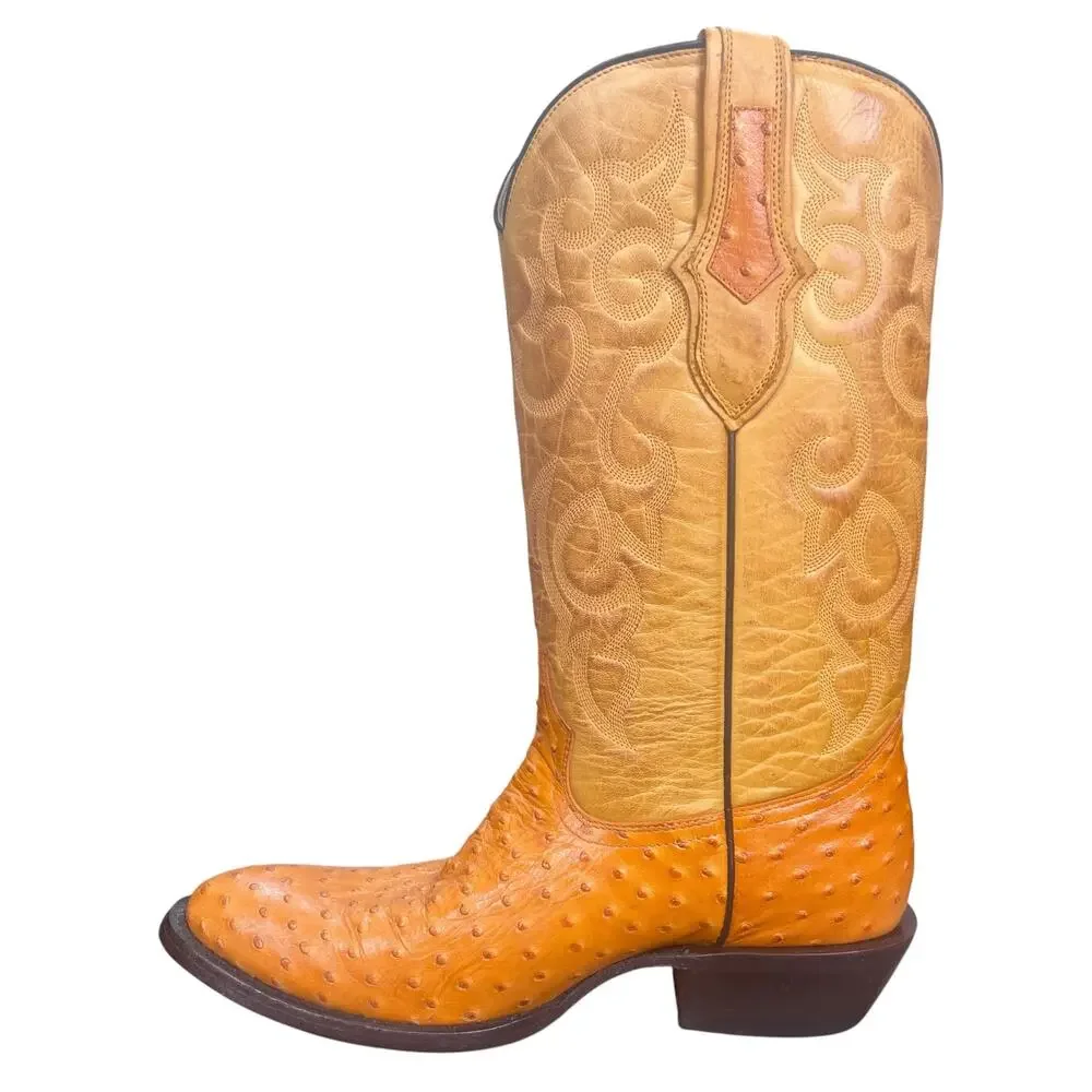 Soto Boots Ostrich Print Yellow Cognac Wide Cowboy Boots Size 10 EE